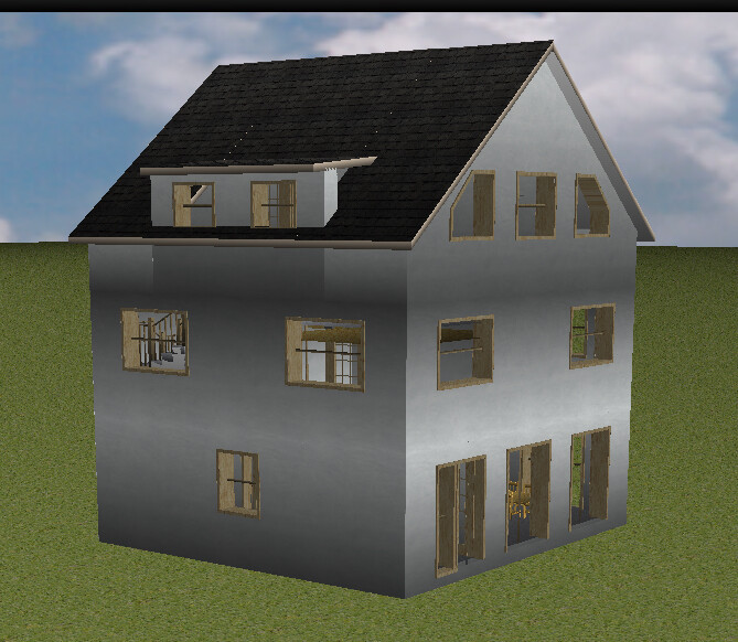 3D-Haus mit grauer Fassade, Satteldach, vielen Fenstern auf grünem Gelände