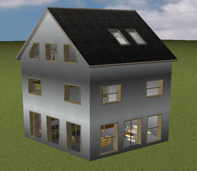 Zweistöckiges graues Haus mit Satteldach auf grüner Wiese; viele Fenster, Innenräume sichtbar.