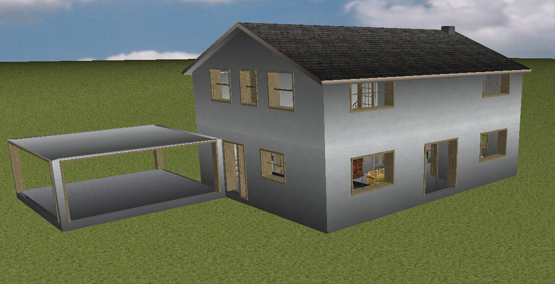 Zweistöckiges Haus mit grauer Fassade, Fensterfronten und offener Carport neben grünem Rasen.