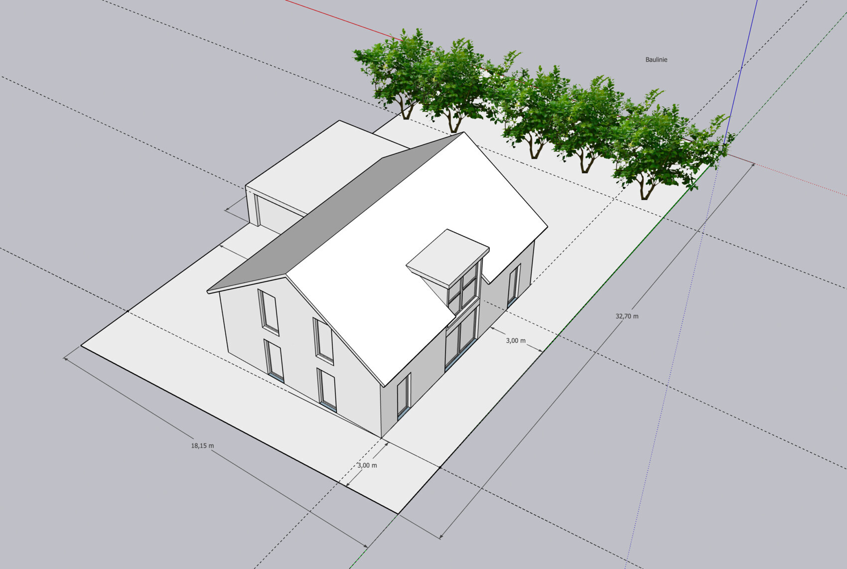 Isometrisches Modell eines modernen Hauses mit Satteldach, Glasfronten, Einfahrt und Baumreihe.