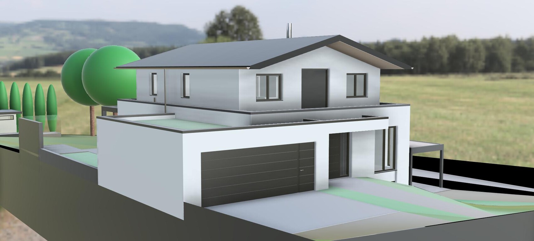 3D-Modell eines modernen Hauses mit Garage und Garten im Hintergrund.