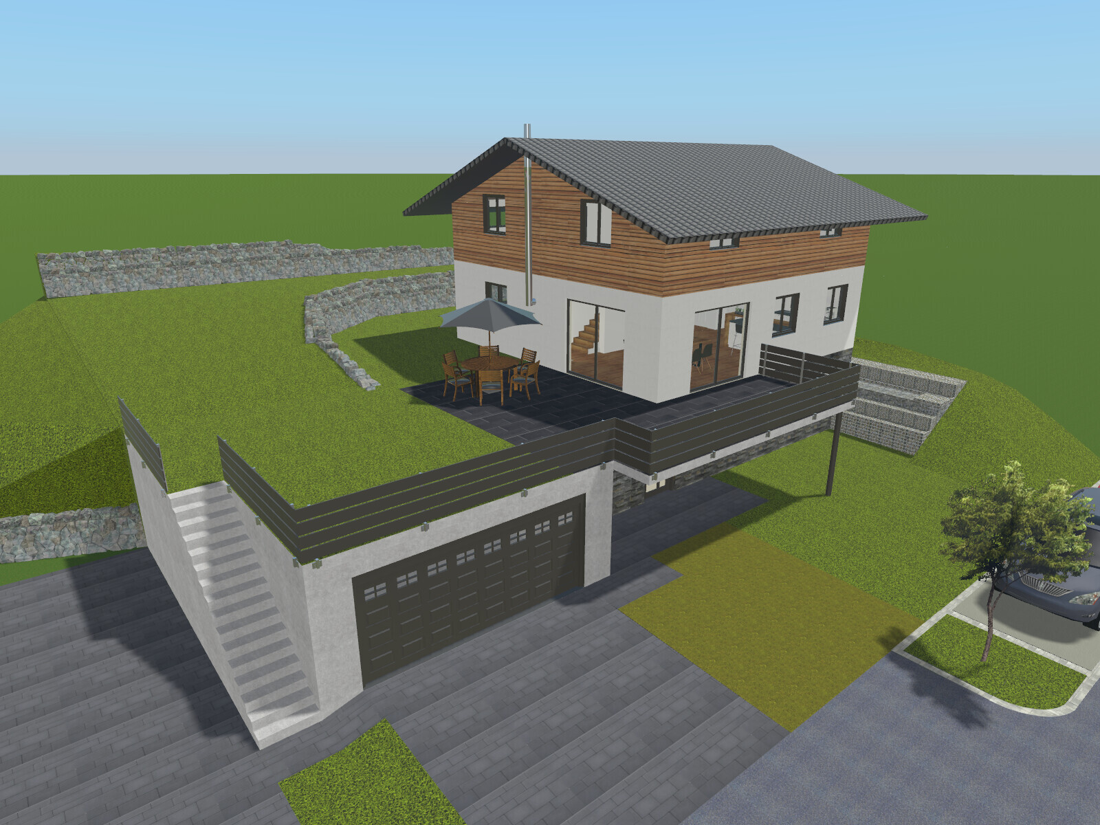 Modernes Haus mit Holzverkleidung, Terrasse mit Esstisch, darunter Garage