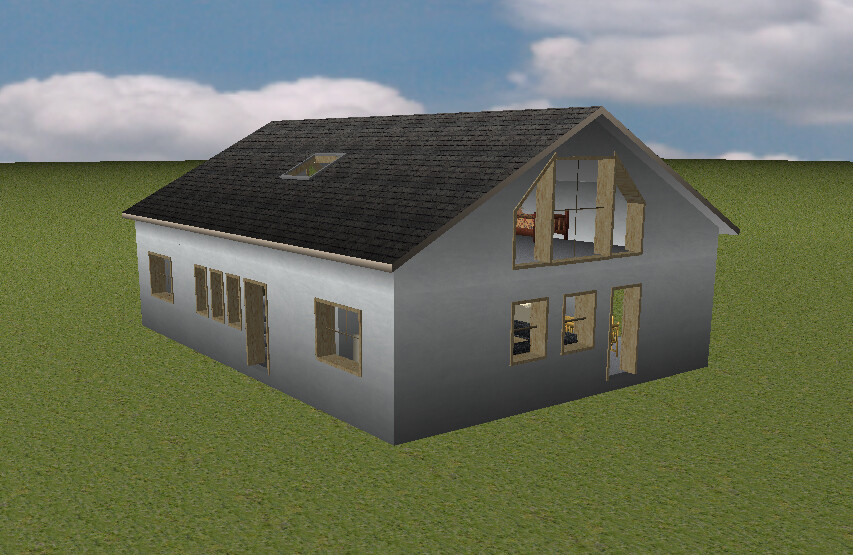 Zweistöckiges Haus mit grauer Fassade, dunklem Dach, vielen Fenstern auf dem Gras.