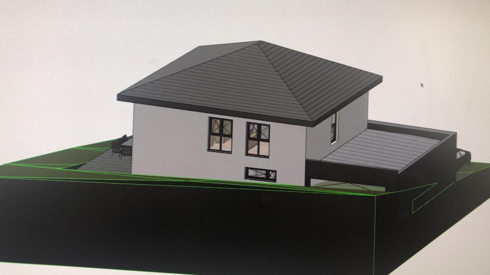 3D-Visualisierung eines modernen, zweistöckigen Hauses mit grauem Walmdach und Terrasse.