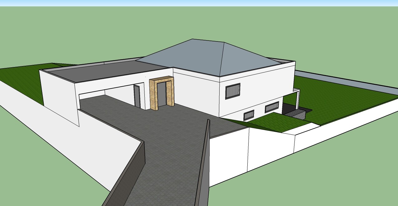 3D-Ansicht eines modernen Einfamilienhauses mit Einfahrt, Garage und Garten.