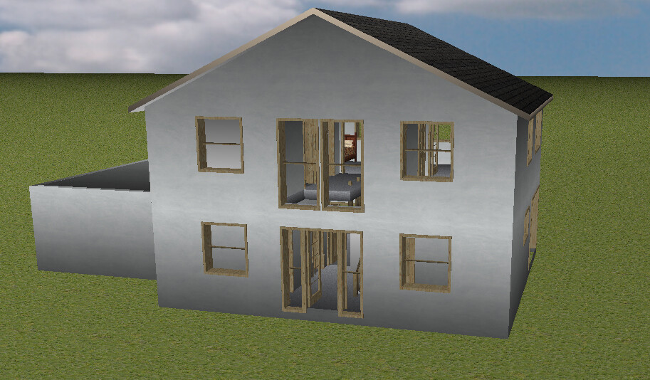 3D-Render eines zweistöckigen Hauses im Rohbau mit offenen Fenstern und Türen.
