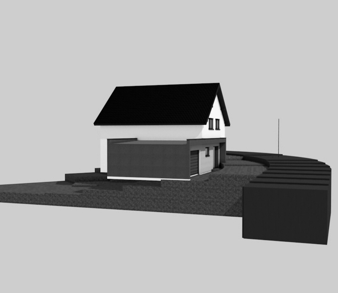 3D-Modelle eines Hauses mit dunklem Dach und Zufahrt vor grauem Hintergrund