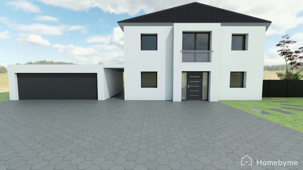 Modernes weißes Einfamilienhaus mit linker Garage, gepflastertem Vorhof und Eingangstür.