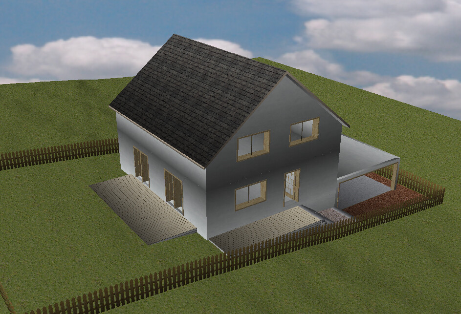 Zweistöckiges graues Haus mit dunklem Satteldach, umzäunten Garten und Carport.