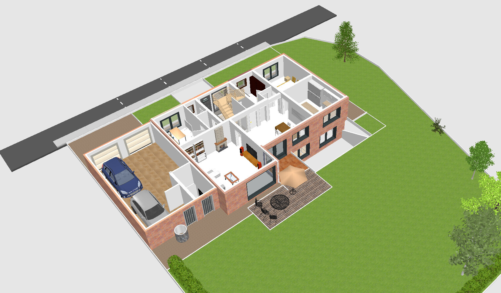 Isometrische 3D-Ansicht: Einfamilienhaus mit Garage (2 Autos), Terrasse, Garten und Straße.