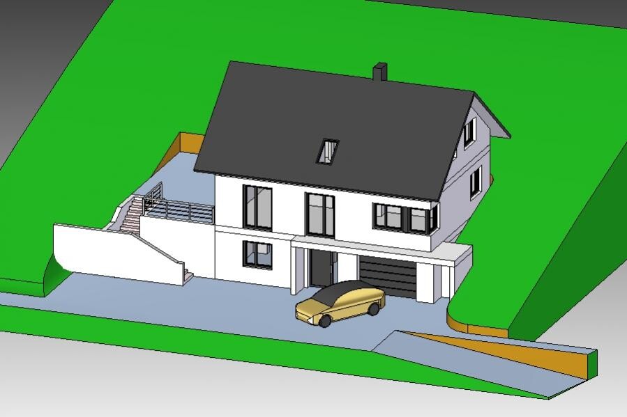 3D-Modell eines modernen Einfamilienhauses mit Garage, Einfahrt und grünem Grundstück