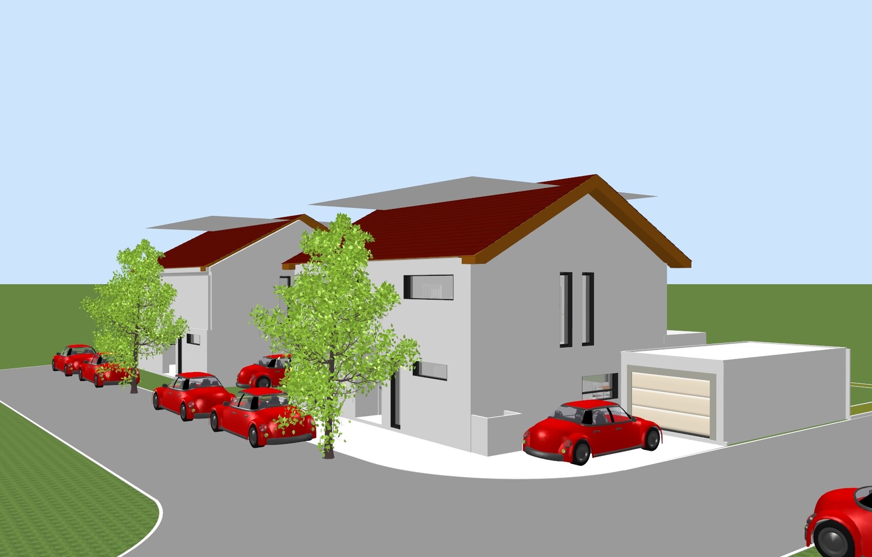 Moderne graue Doppelhaushälfte mit rotem Dach, Garage und mehreren roten Autos vor dem Haus, Bäume.