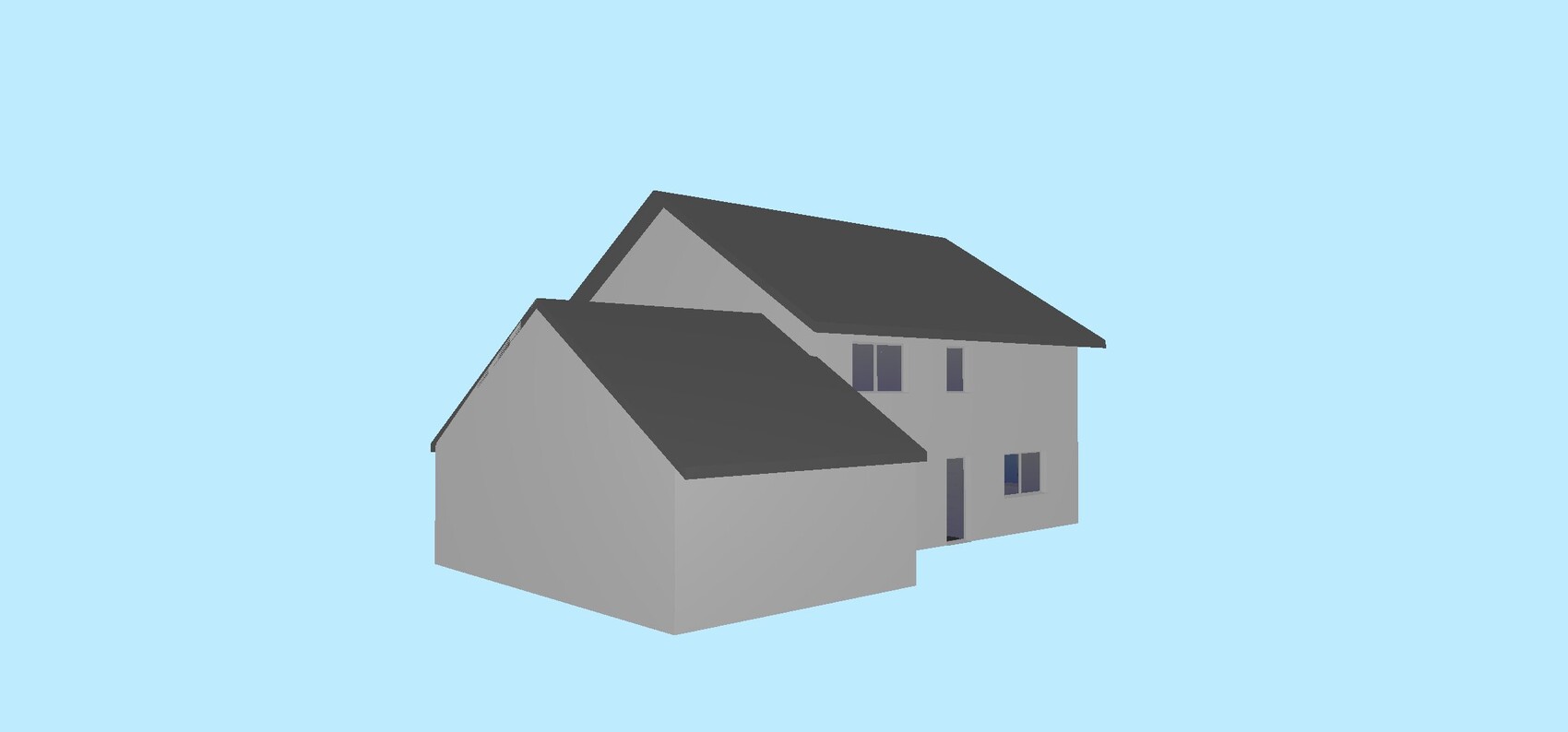 Zwei graue Wohnhäuser mit dunklen Dächern stehen vor blauem Hintergrund; links Garage, rechts Fenster.