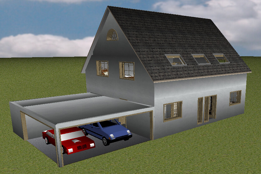 Zweistöckiges Haus mit offenem Carport; rote und blaue Autos stehen im Carport.