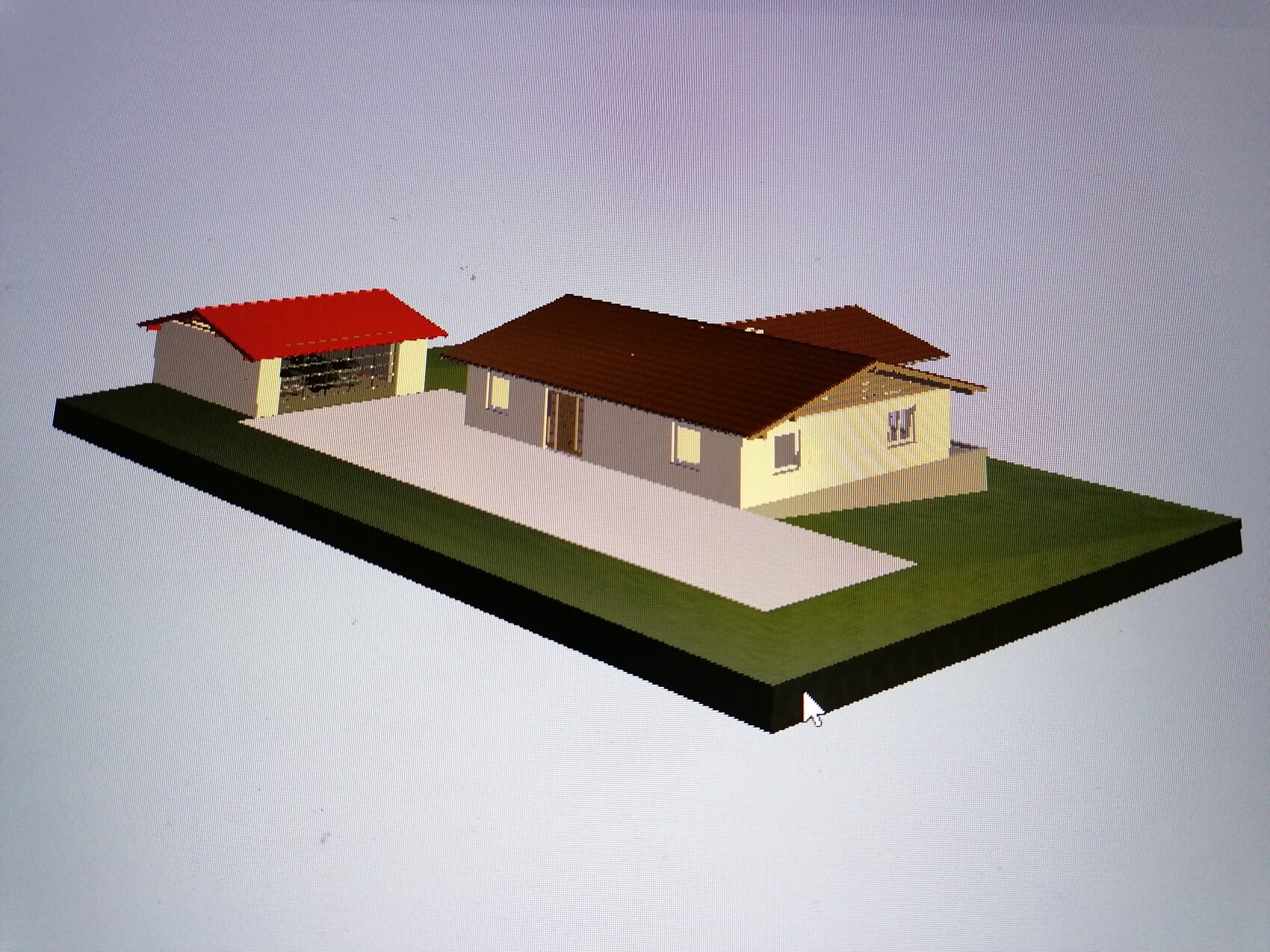 3D-Modell eines Hauses mit rotem Dach, Garage, Zufahrt und Gartenfläche.