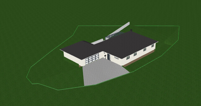 3D-Hausmodell auf grünem Grundstück mit Einfahrt und Garage