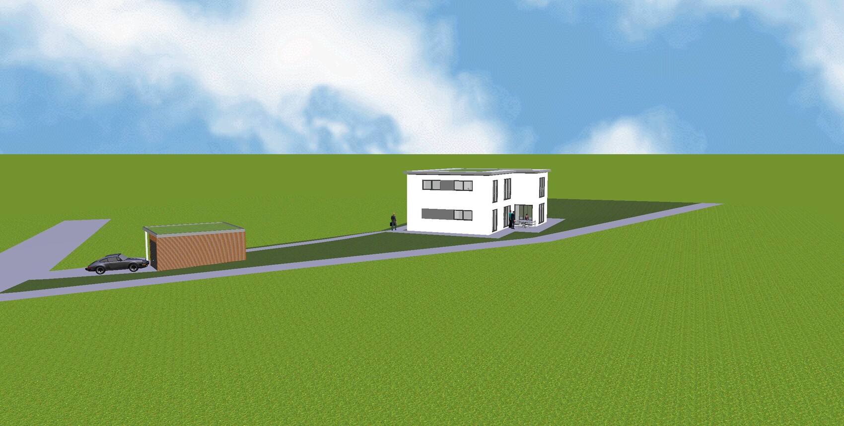 Modernes weißes Einfamilienhaus mit Flachdach, Fensterfront, Zufahrt, Garage, Auto auf grünem Feld.