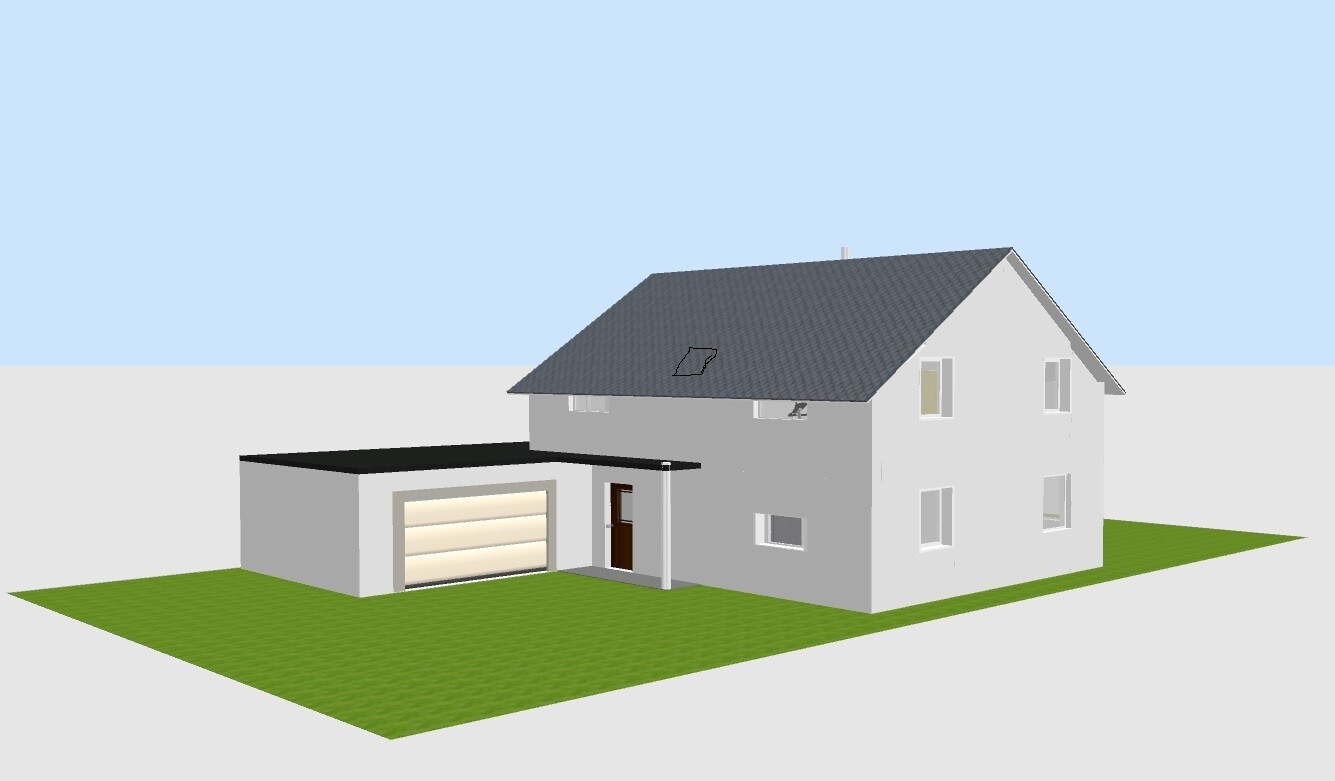 Modernes zweistöckiges Haus mit grauem Satteldach, angeschlossener Flachdach-Garage auf grünem Rasen.