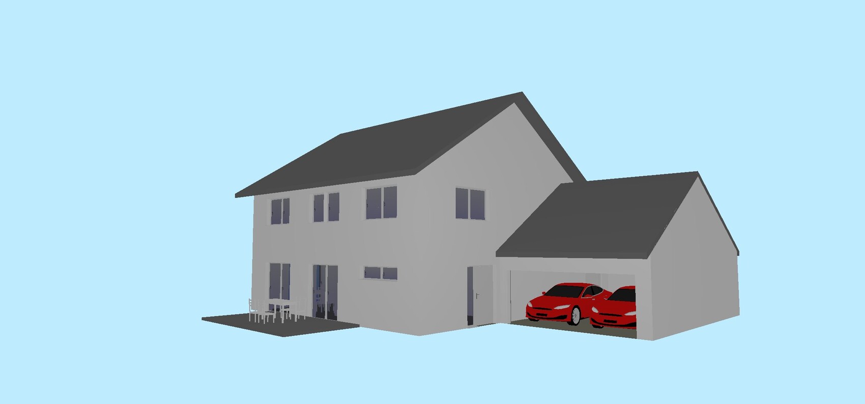 Zweistöckiges Haus mit Garage, zwei rote Autos darin und kleiner Terrasse.