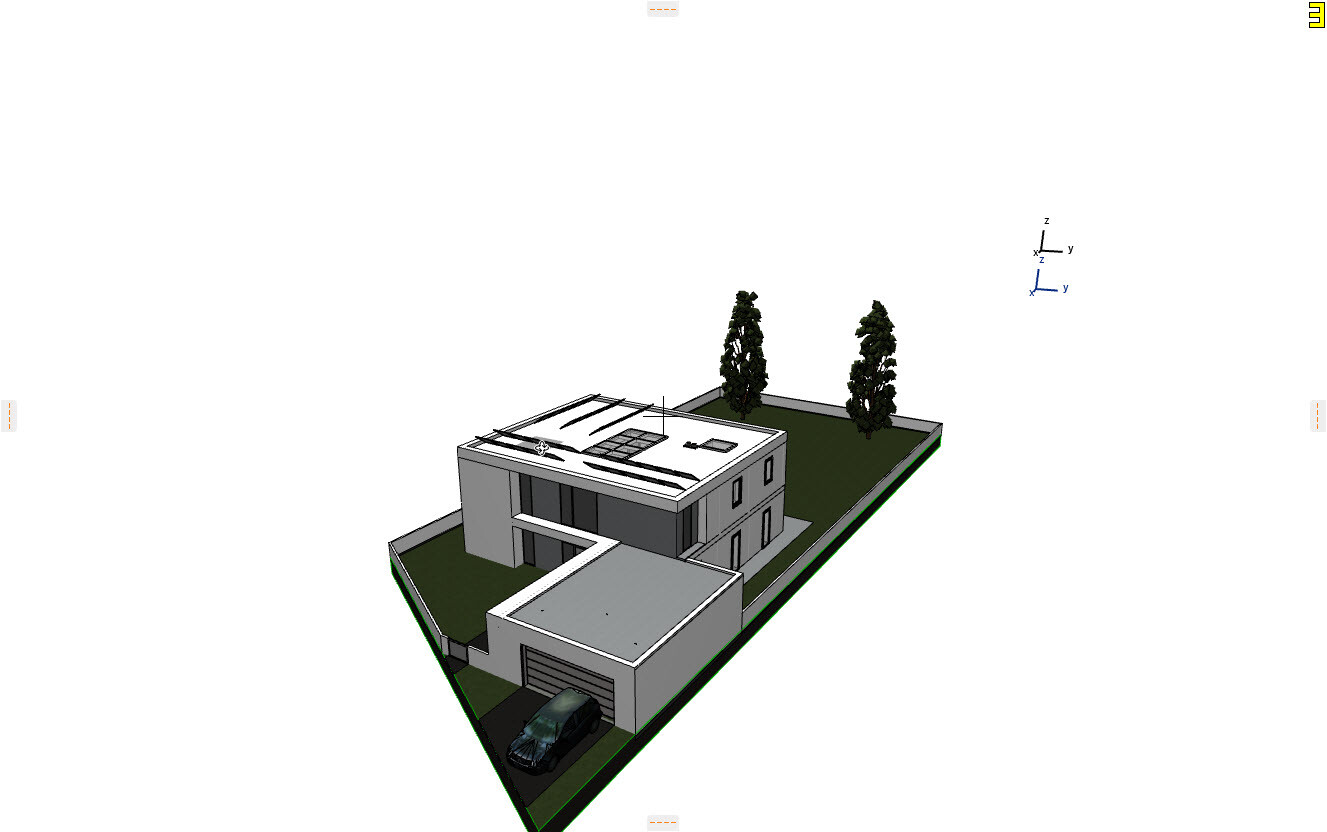 Moderne Villa mit Flachdach auf langem Grundstück, Garage, Auto und grünem Garten mit Bäumen.