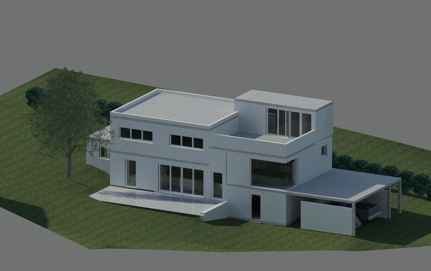 Moderne weiße Villa mit Flachdächern, Terrasse, Carport und Garten.
