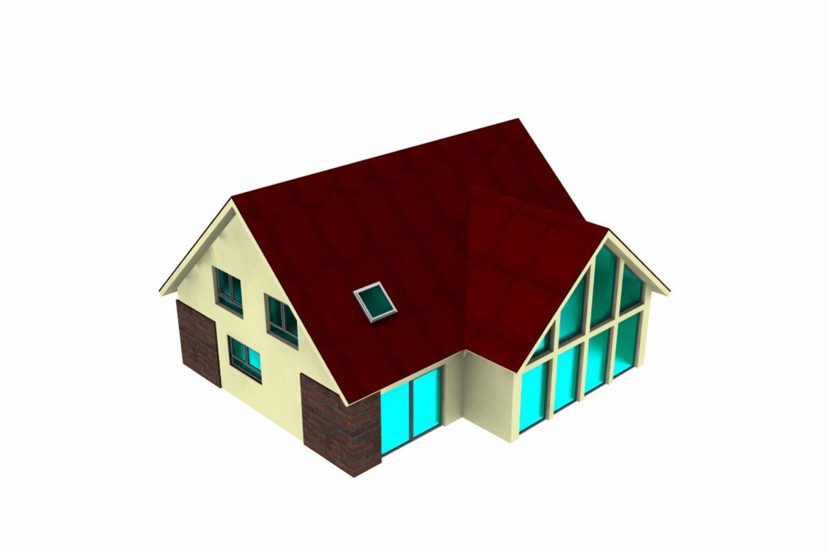 3D-Modell eines Hauses mit rotem Ziegeldach, gelber Fassade und großen Glasfenstern.
