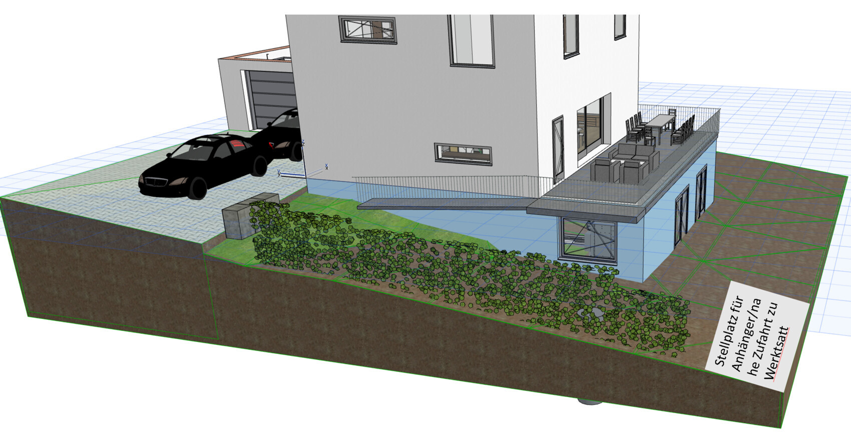 3D-Ansicht eines modernen Hauses mit Terrasse, Garten, Garage und Parkplatz.