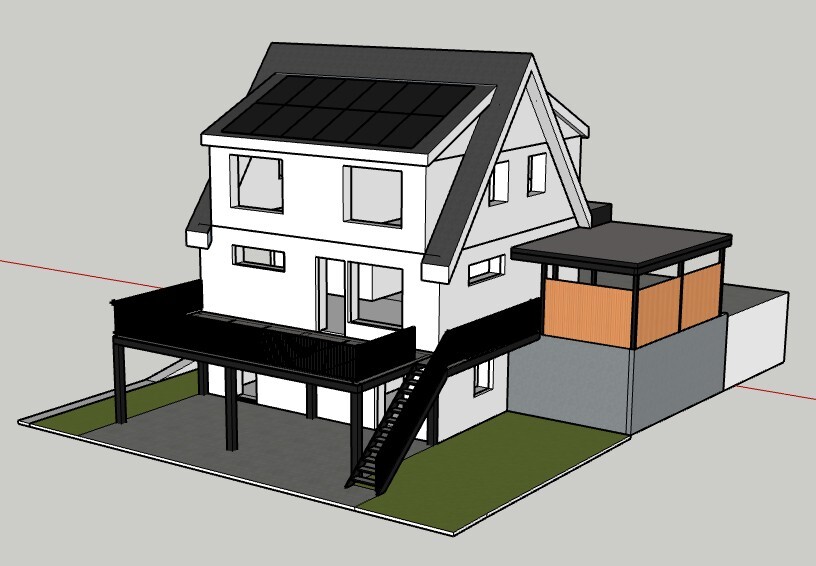 Mehrstöckiges Haus mit Solarmodulen auf dem Dach, Carport und Außentreppe.