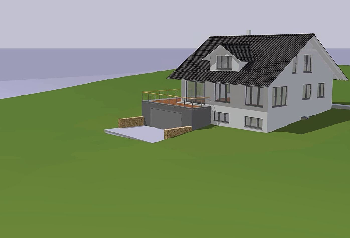 3D-Render eines weißen Einfamilienhauses mit Satteldach, Terrasse und Hanglage.