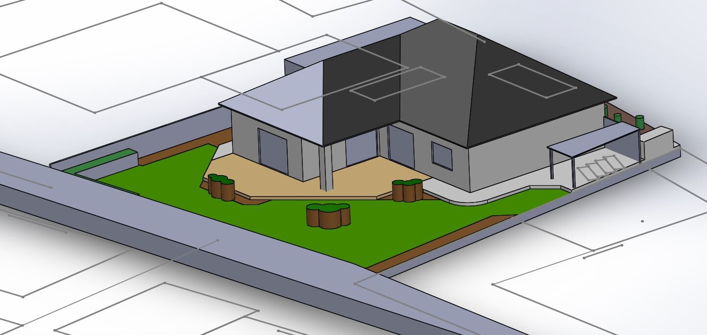 3D-Ansicht eines modernen Einfamilienhauses mit Terrasse, grünem Garten und Zufahrtsbereich