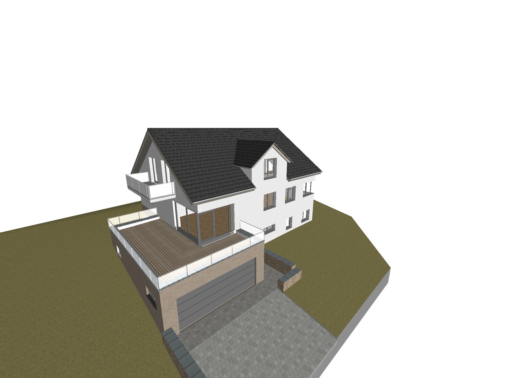Zweistöckiges Haus auf Hang mit Terrasse, Balkon und Garage.