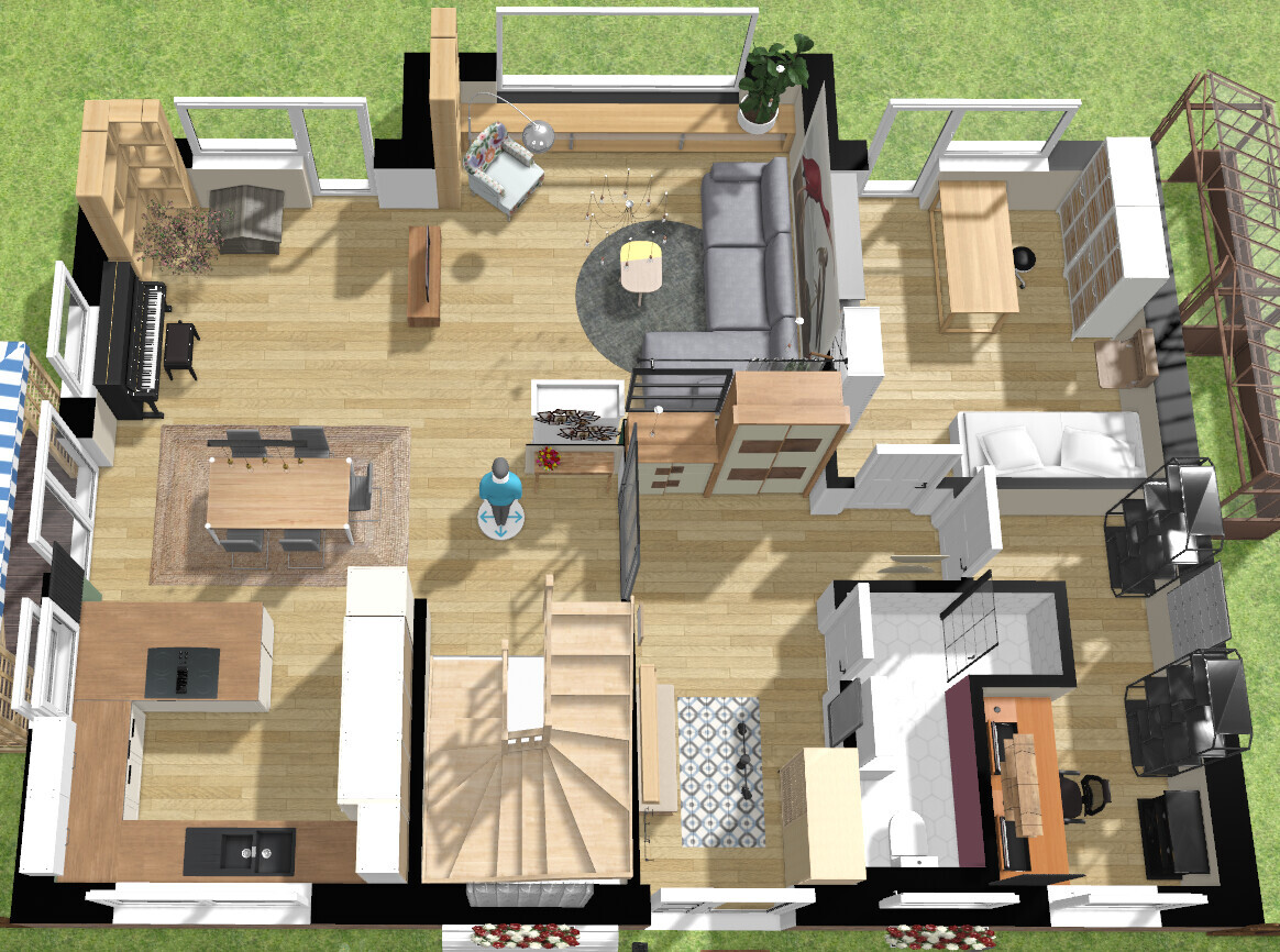 3D-Hausmodell mit offenem Grundriss: Wohnzimmer, Küche und Schlafzimmer