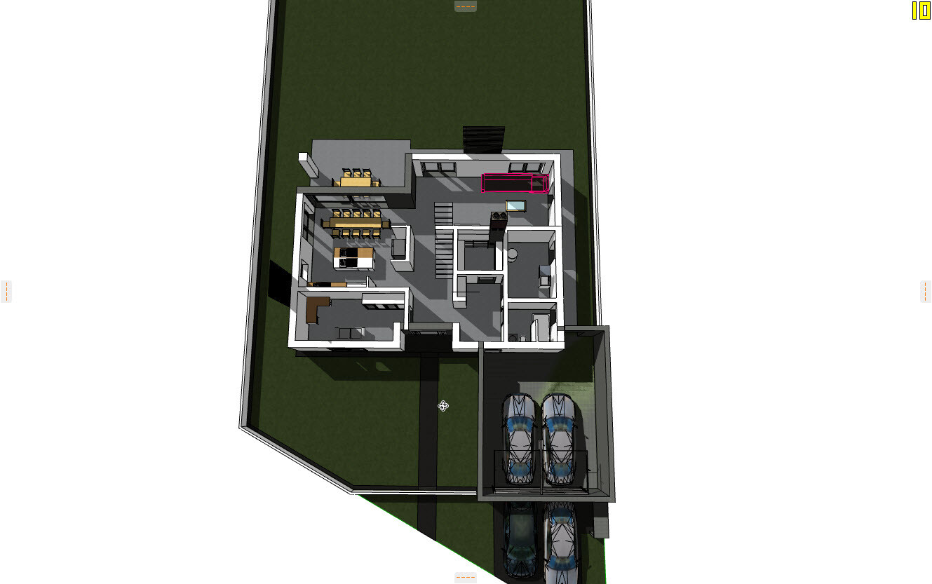 3D-Grundriss eines Hauses mit Küche, Wohnzimmer, Treppe und Garage mit zwei Autos.