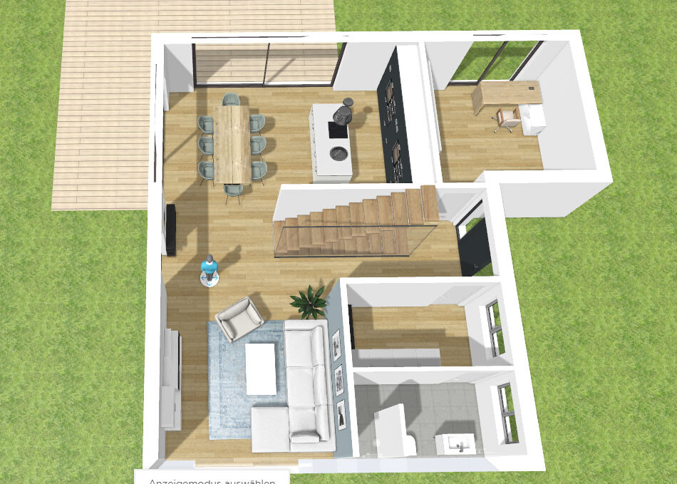 Grundriss eines Hauses: Wohnzimmer mit Sofa, Esstisch, Küche mit Insel, Treppe, Arbeitszimmer, Bad.