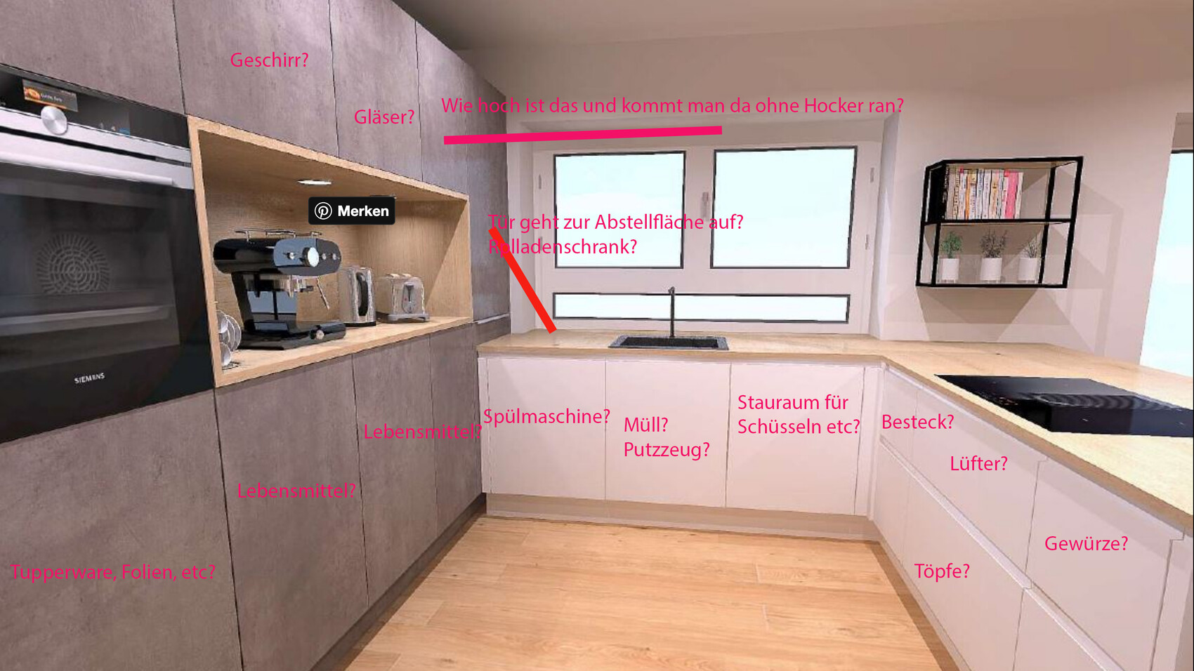 Moderne Küche: Backofen, Espressomaschine, Toaster, Spüle und Unterschränke, Fensterfront.