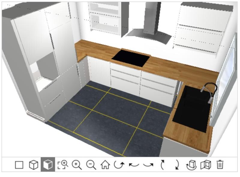 3D-Draufsicht: Küche mit Holzplatte, Spüle, Herd, weiße Schränke, graue Fliesen (gelbe Fugen).