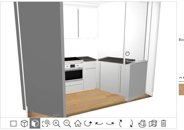 3D-Küchenrendering: helle Küche mit Ofen, Spüle und grauer Arbeitsplatte