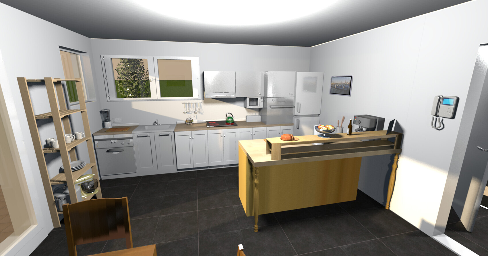 Moderne Küche mit grauen Schränken, Holzinsel, Fenster, Kühlschrank, Backofen und Geschirrregal.