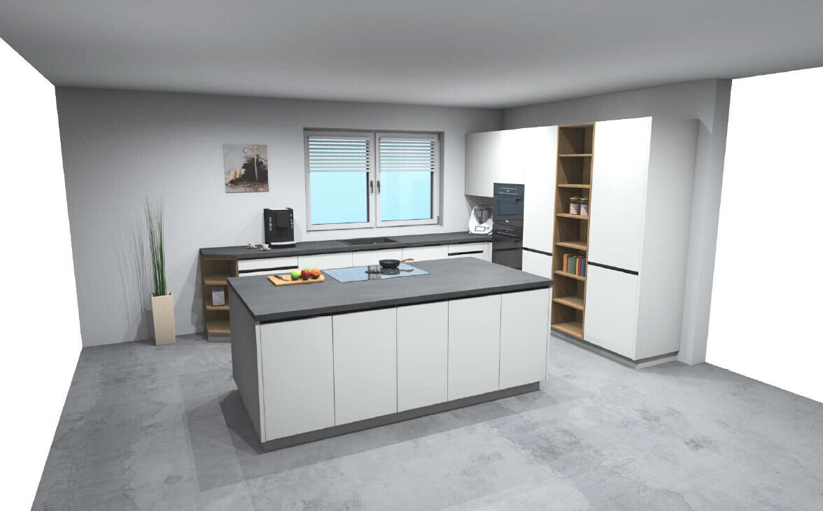 Moderne Küche mit Insel, weißen Schränken, Backofen, Kühlschrank und offenem Regal.
