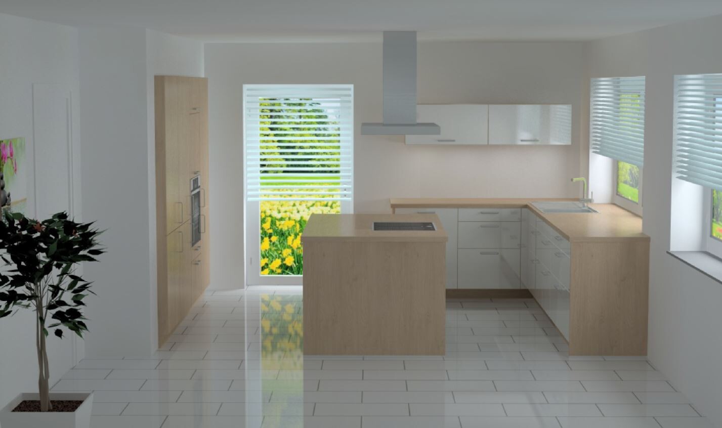 Moderne 3D-Küche mit Insel, weißen Schränken und Holz-Arbeitsplatten