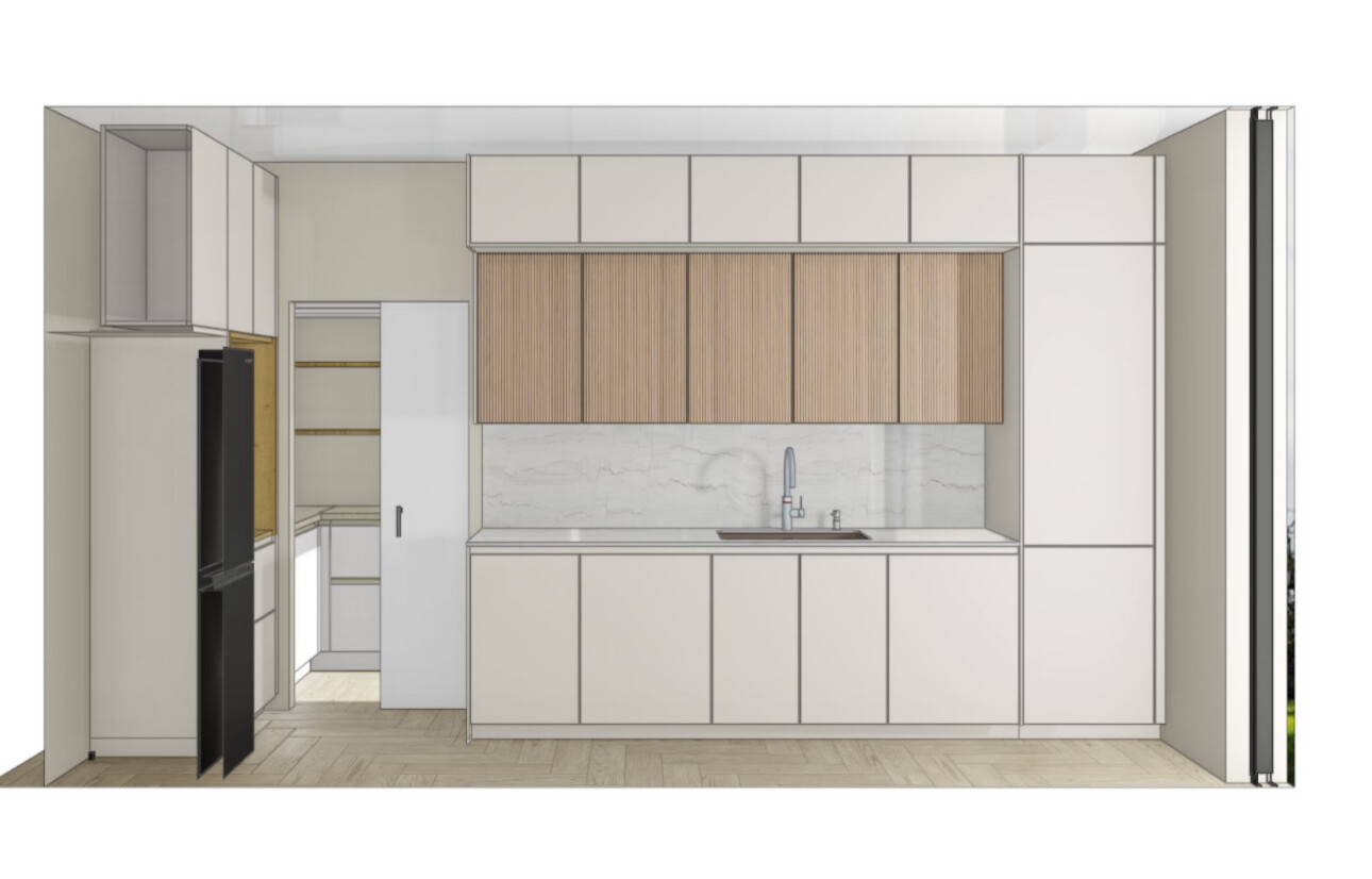 Moderne Küche mit weißen Unterschränken, Holzlamellen-Oberschränken, Marmorrückwand und Spüle.