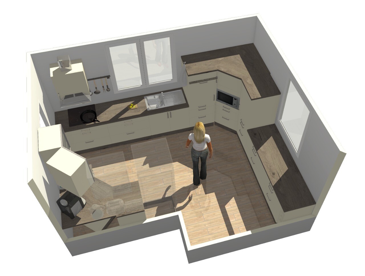 3D-Rendering einer Küchenzeile mit Spüle, Herd, Mikrowelle, Schränken, Fenstern und stehender Person.