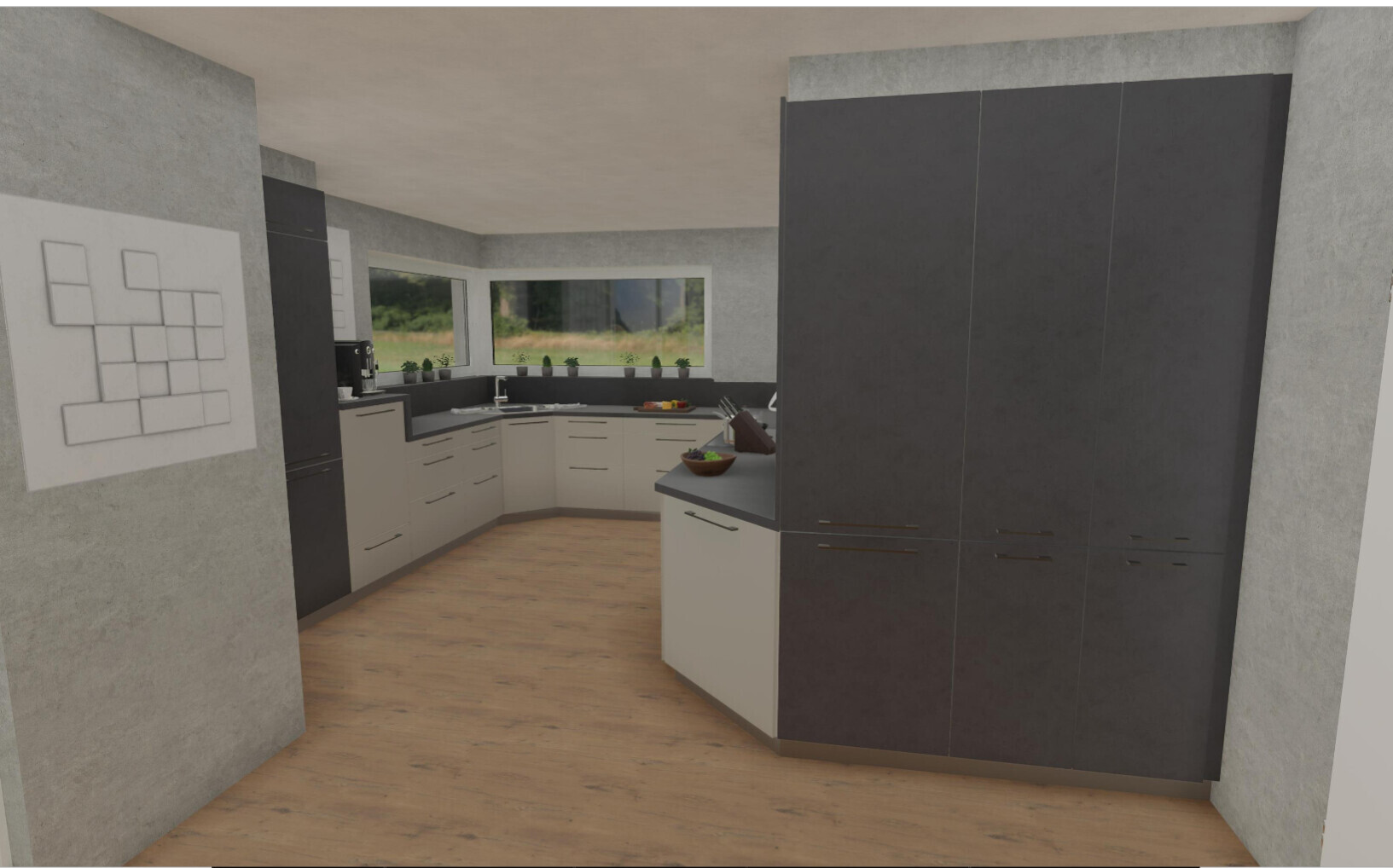 Moderne 3D-Kueche mit grauen Schraenken, Holzboden und grossen Fenstern.