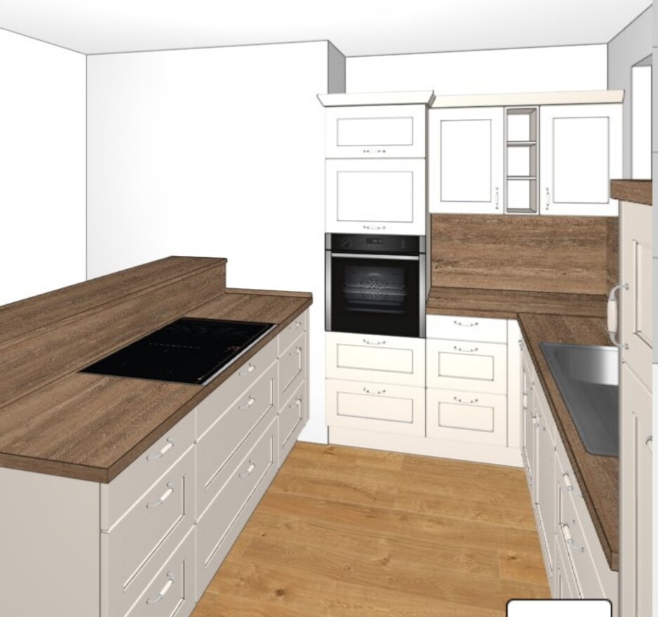 Moderne Küche mit Holz-Arbeitsplatten, Einbau-Backofen, Spüle und weißen Schränken.