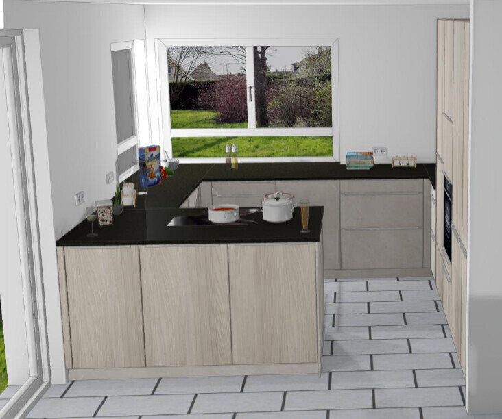 Moderne Küche mit schwarzen Arbeitsplatten, Insel, Herd und Fenster mit Gartenblick.