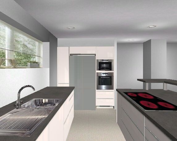 Moderne Küche: Spüle links, Kochfeld rechts, Insel, Fensterfront, Kühlschrank und Ofen.