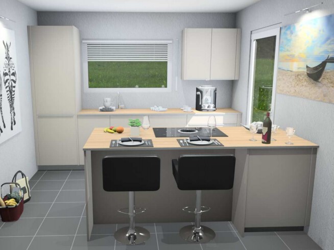 Moderne Küche mit Insel, zwei Barhockern, Spüle, Fenster, Weinflasche und Gläser