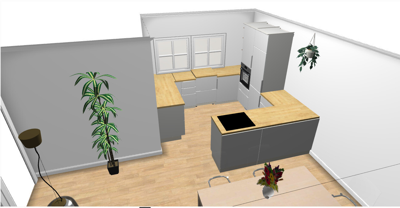 Moderne Küchenansicht: Insel, graue Schränke, Holzplatten, Ofen, Esstisch mit Blumenvase