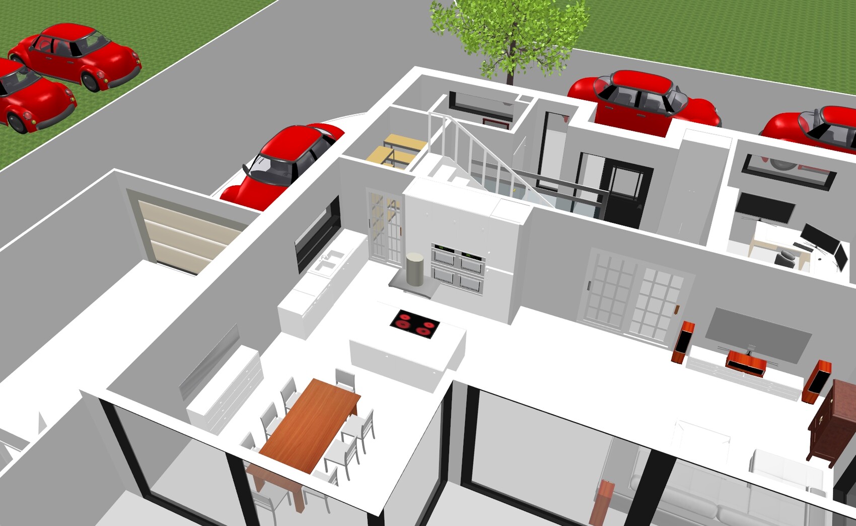 Moderne offene Wohnung mit Küche (Kochinsel), Essbereich, Wohnzimmer, Treppe; rote Autos vor Haus.