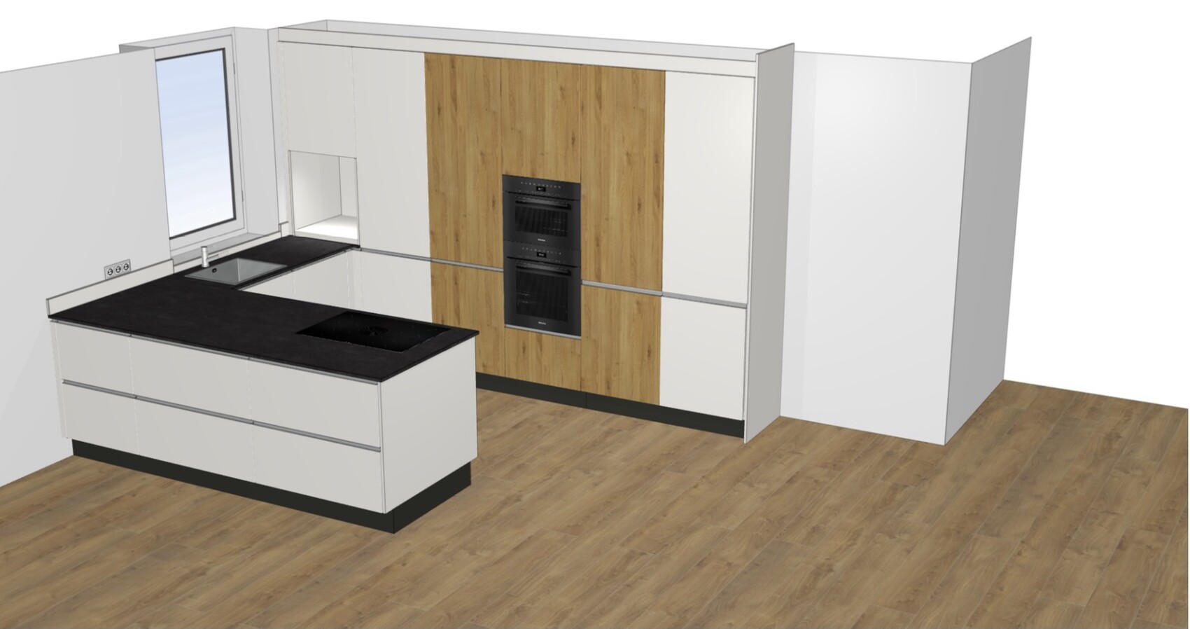 Moderne Küche mit Insel, dunkler Arbeitsplatte, Spüle und Backöfen in Holzverkleidung.